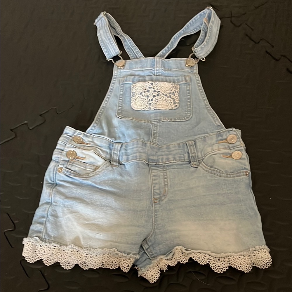 Justice Blue and White Lace Trim Overalls